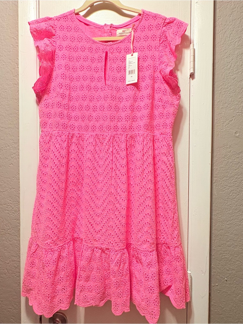 Vineyard Vines Bright Pink Eyelet Ruffle-Hem Lined Dress Size 16 - Picture 7 of 10